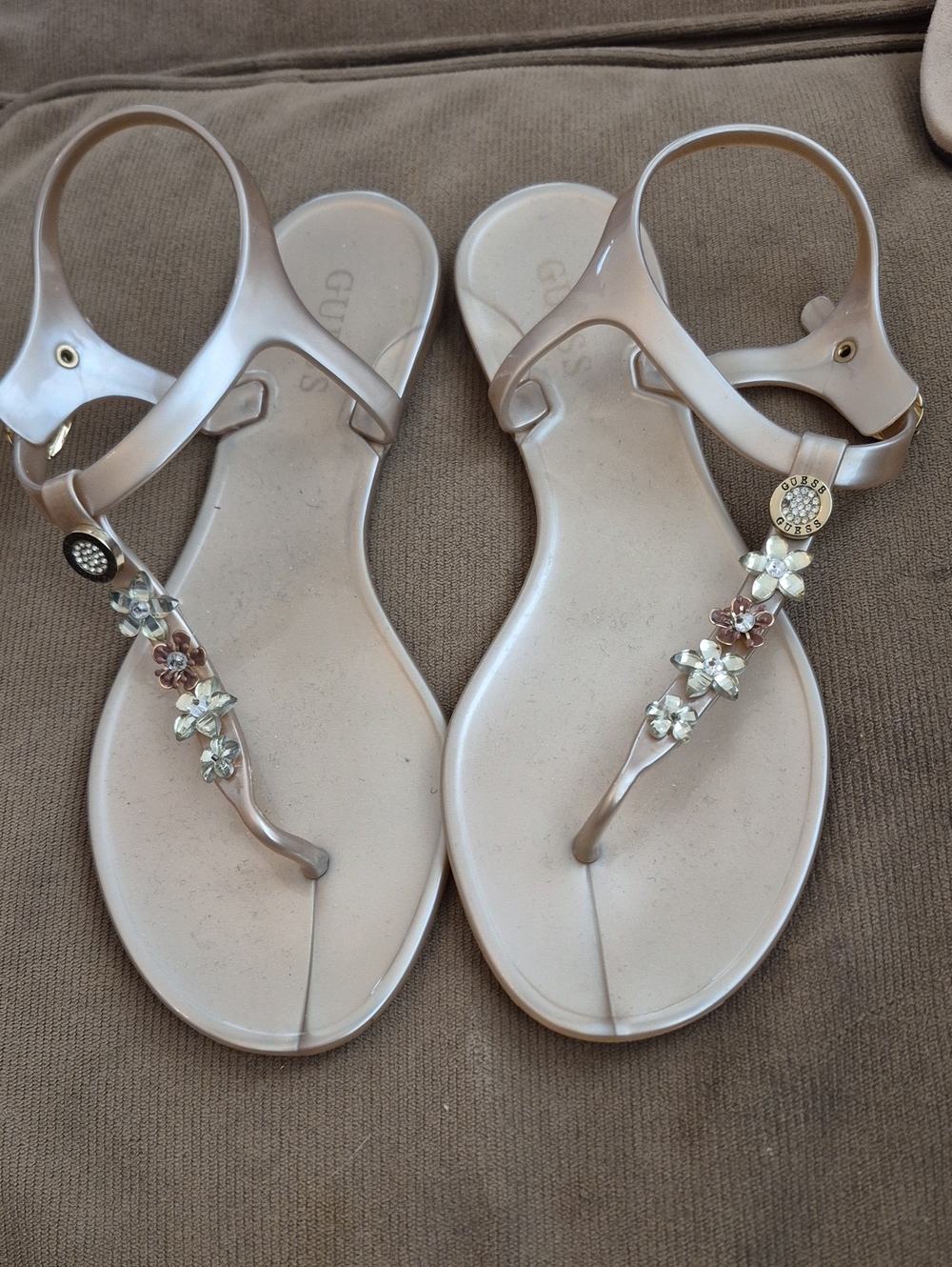 Guess Nude Floral Jelly T-Strap Sandals with Crystal Accents